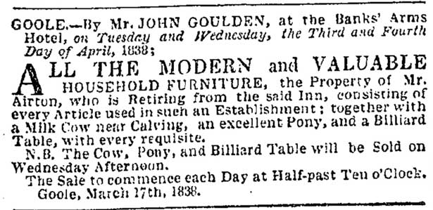 Newspaper article describing the 1838 sale of the Banks' Arms Hotel, Goole, Yorkshire