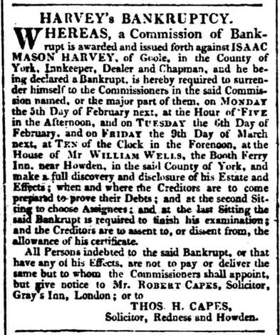 1827 Bankruptcy notice for Isaac Mason Harvey of Goole, Yorkshire